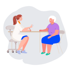 Illustration d’une femme âgée en consultation chez son médecin en blouse, assises à un bureau